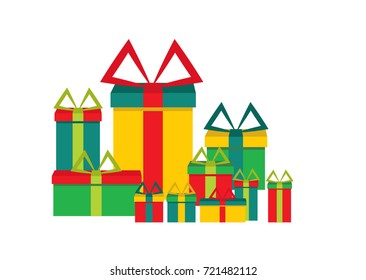 Present collection of blue, green, red and gold colored boxes each with a bow