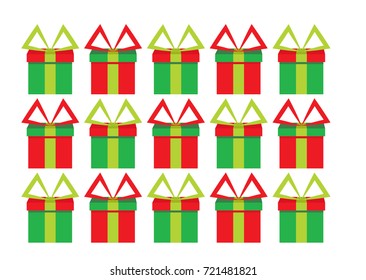 Present collection of green and red boxes each with a bow pattern on a white background