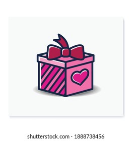 Present color icon. Gift box with bow ribbon and heart. Holiday congratulation, surprise concept. Holiday offer. Christmas, birthday, valentine symbol. Isolated vector illustration