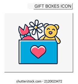Icono de color actual. Caja de regalo con oso de peluche, vestido de moda y flor. Felicitaciones por cumpleaños, sorpresa en caja. Celebración. Concepto de caja de regalo. Ilustración vectorial aislada