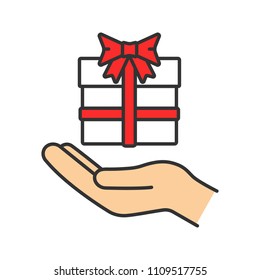 Present color icon. Open hand with gift box. Giving, getting gift. Isolated vector illustration