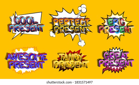 Present Comic book style colorful cartoon words on abstract comics background.
