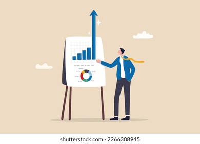 Present company growth, boost profit or increase revenue, success investment or growing sales, report or improvement statistics concept, businessman present graph with high improvement bar chart.