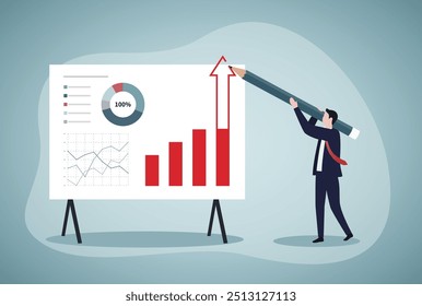 Präsentieren Sie das Unternehmenswachstum, steigern Sie den Gewinn oder steigern Sie den Umsatz, die Erfolgsinvestition oder steigende Umsätze, melden oder verbessern Sie Statistiken Konzept, Geschäftsmann präsentieren Diagramm mit hoher Verbesserung Balkendiagramm.