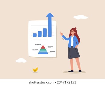 Present company growth concept. Boost profit or increase revenue, success investment or growing sales, report or improvement statistics, businesswoman present graph with high improvement bar chart.