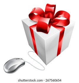 Present computer mouse online internet gift shopping concept of a computer mouse connected to a present. Could be concept for vouchers