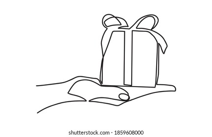 Present. Continuous line. Continuous line drawing of standing woman with Christmas gift. gift one line, without lifting a hand vector. black on white. Print. gift box with bow and ribbon.