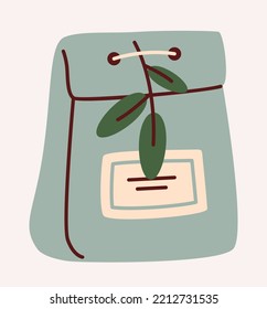 Present craft icon. Blue backpack with leaves and foliage. Sticker for social networks and instant messengers. Care, tenderness and love. Handmade, creativity and art. Cartoon flat vector illustration
