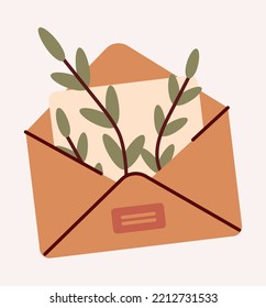 Present craft icon. Envelope with branch. Friendly correspondence, communication and interaction. Symbol of love, care and tenderness. Graphic element for website. Cartoon flat vector illustration