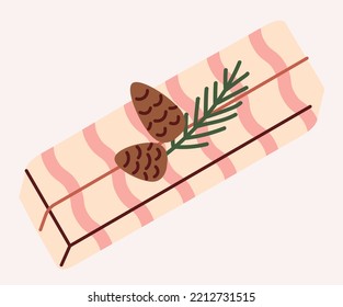 Present craft icon. Gift box in white wrapping paper with pink curved lines and bumps. Poster or banner for website. Graphic element. Needlework, hobby and leisure. Cartoon flat vector illustration
