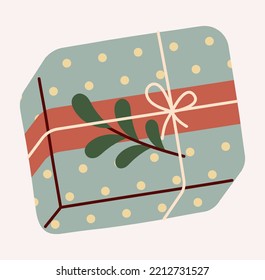 Present craft icon. Gift box in blue packaging with red stripes. Festival and holiday. Sticker for social networks and messengers. Handmade, hobbies and leisure. Cartoon flat vector illustration