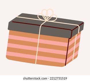 Present craft icon. Yellow gift box with pink stripes and dark lid. Poster or banner for website. Graphic element for printing on fabric. Holiday and festival, event. Cartoon flat vector illustration