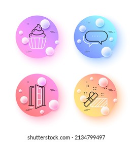 Present, Cupcake and Open door minimal line icons. 3d spheres or balls buttons. Dots message icons. For web, application, printing. Gift, Sweet cake, Entrance. Chat bubble. Vector