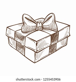 Present decorated with ribbon and row isolated icon vector monochrome sketch outline gift with surprise inside holidays tradition of giftboxes exchanging merry christmas and happy new year sign.