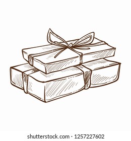 Present decorated with ribbon and row isolated icon vector monochrome sketch outline gift with surprise inside holidays tradition of giftboxes exchanging merry christmas and happy new year sign.