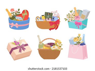 present. delivery boxes with gifts drinks flowers and chocolate. Vector present cases in cartoon style