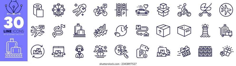 Present Delivery, Delivery Change und Journey Line Icons Pack. Suche Flug, Parksicherheit, Papier Wallpaper Web-Symbol. Fahrradparkplatz, Schiffsanlegestelle, Geschenkpicktogramm. Gepäckwagen. Vektorgrafik