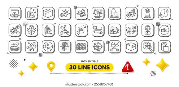 Present delivery, Delivery change and Journey line icons pack. 3d design elements. Search flight, Parking security, Paper wallpaper web icon. Bicycle parking, Shipping support, Gift pictogram. Vector