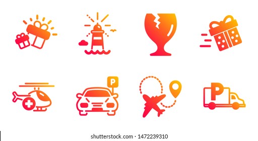 Present delivery, Fragile package and Medical helicopter line icons set. Lighthouse, Airplane and Parking signs. Gift, Truck parking symbols. Shopping service, Safe shipping. Vector