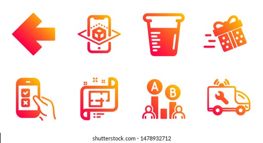 Present delivery, Mobile survey and Augmented reality line icons set. Cooking beaker, Left arrow and Ab testing signs. Architectural plan, Car service symbols. Vector
