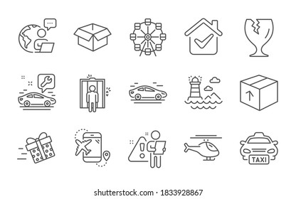 Present delivery, Opened box and Package line icons set. Car service, Ferris wheel and Elevator signs. Car, Helicopter and Flight destination symbols. Taxi, Fragile package and Lighthouse. Vector