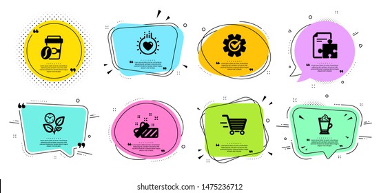 Present, Delivery shopping and Strategy line icons set. Chat bubbles with quotes. Love, Latte coffee and Takeaway coffee signs. Leaves, Cogwheel symbols. Gift, Online buying. Business set. Vector
