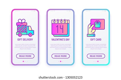 Present delivery at Valentine day set: truck with gift, date on calendar, gift card. Modern vector illustration for user mobile interface.