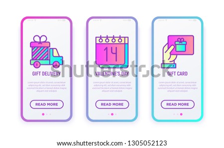 Present delivery at Valentine day set: truck with gift, date on calendar, gift card. Modern vector illustration for user mobile interface.