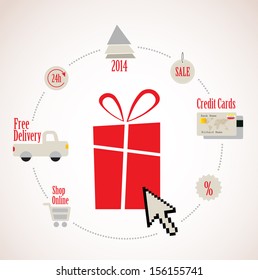 present With E-Commerce Icon Around Online Shopping 