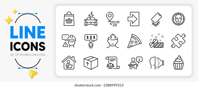 Present, Employee benefits and Place line icons set for app include Podium, Legal documents, Cupcake outline thin icon. Puzzle, Car charging, Face detect pictogram icon. Online buying. Vector