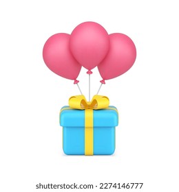 Present festive blue gift box with pink helium air balloon bunch 3d icon realistic vector illustration. Holiday surprise greeting congratulations Christmas birthday anniversary package prize container