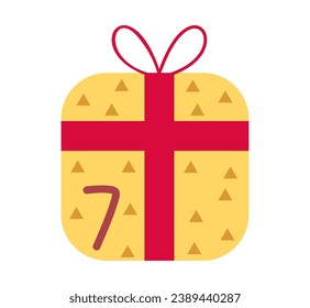 Present in flat cartoon design. Composition with this colorful design feature a delightful yellow present box, an important part of set. Vector illustration.