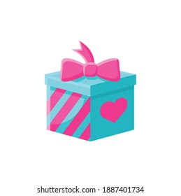 Present flat icon. Gift box with bow ribbon and heart. Holiday congratulation, surprise concept. Holiday offer. Christmas, birthday, valentine symbol. Color vector illustration