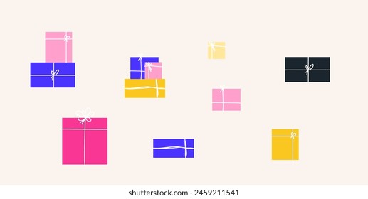 Present flat vector illustration set. Different gift box combinations in bundle. Hand drawn wrapped surprises. 
