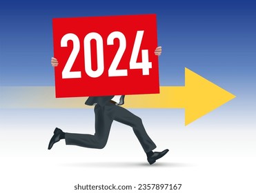 Para presentar la estrategia futura de una empresa, un hombre de negocios corre mientras lleva un cartel blanco con 2024 escrito en él.