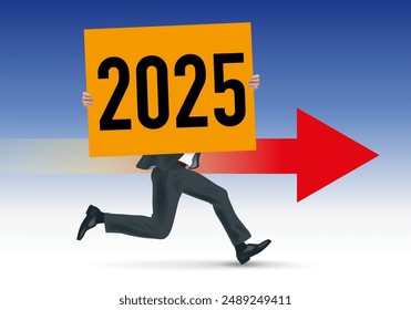 To present a company’s future strategy, a businessman runs while carrying a white sign with 2025 written on it.