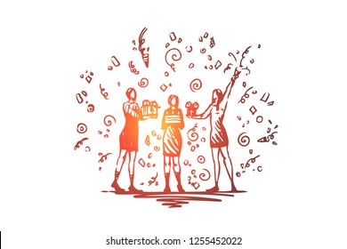 Present, gift, birthday party vector concept. Two girls holding and giving presents to birthday lady with cake in hands. Hand drawn sketch isolated illustration