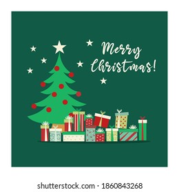 Present, Gift box, Christmas gift set, Chistmas tree. Flat vector illustration, isolated objects.