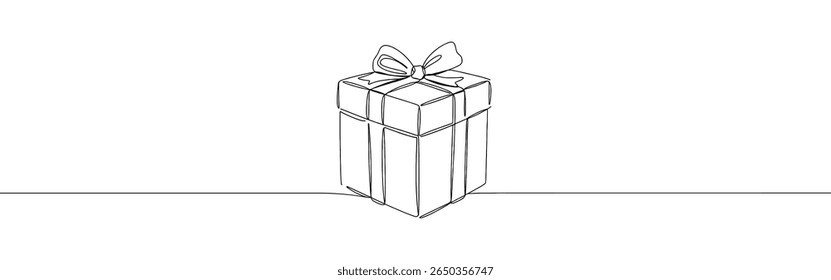 Presente caixa de presente contínuo um desenho de linha. Surpresa, presente símbolo. Ilustração vetorial.