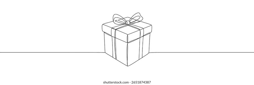 Presente caixa de presente contínuo um desenho de linha. Surpresa, presente símbolo. Ilustração vetorial.