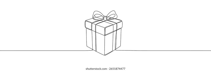 Presente caixa de presente contínuo um desenho de linha. Surpresa, presente símbolo. Ilustração vetorial.