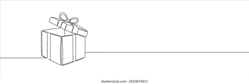Presente caixa de presente contínuo um desenho de linha. Surpresa, presente símbolo. Ilustração vetorial.