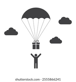 Present gift box fly landing to person man in cloudy sky on parachute icon