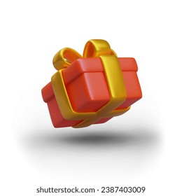 Present gift box with golden bow-knot in realistic style. Merry New Year and Merry Christmas. Modern holiday surprise box with shadow. Vector illustration in 3d style