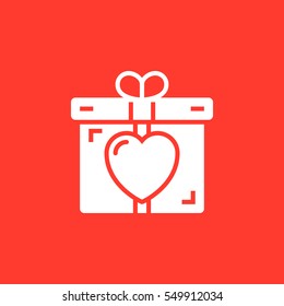 Present, gift box with heart icon vector, filled flat sign, solid white pictogram isolated on red. Symbol, logo illustration