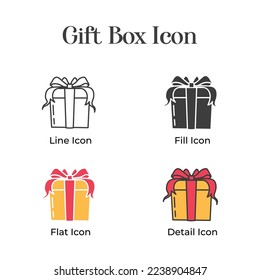 Present gift box icon with four different style. Vector isolated elements. Christmas gift icon illustration vector symbol. can be use on gift card, banner, web or app icon