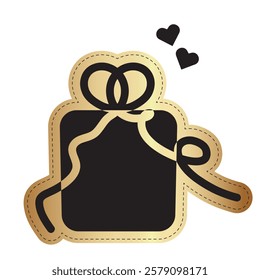 Present Gift Box Icon Illustration with Hearts in Black and Gold