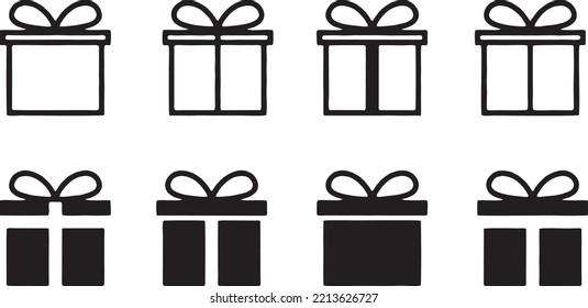 Present gift box icon. Gift box icon in line style isolated on white. Christmas gift icon illustration vector symbol. Gift set different icon sign. Surprise. Vector illustration