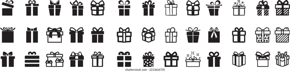 Present gift box icon. Gift box icon in line style isolated on white. Christmas gift icon illustration vector symbol. Gift set different icon sign. Surprise. Vector illustration