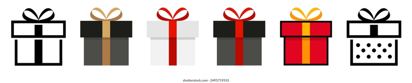 Present gift box icon. Set of decorative gift boxes collection. Christmas gift. Surprise present. Holiday decoration. Black friday sale. Vector illustration